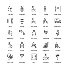 Winery Icons Set – Elegant Collection Featuring Vineyard, Wine Bottles, Glasses, Barrels, Grapes, and Wine Tasting Elements for Wine-Related Projects, Branding, and Promotional Designs