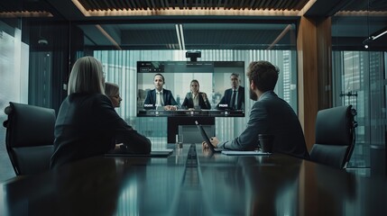 Business team engaged in a virtual video conference call, discussing project strategy and collaborating remotely in a modern office setting