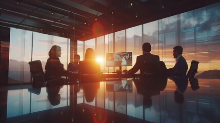 Business team engaged in a virtual video conference call, discussing project strategy and collaborating remotely in a modern office setting