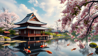 Obraz premium Japanese Garden with Koi Pond and Cherry Blossoms.