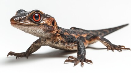 Obraz premium A small, brown and black lizard with red eyes looks directly at the camera, perched on a white surface.
