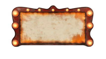 vintage illuminated billboard sign with glowing electric lamps and distressed texture on isolated background, retro-style marquee board for advertising and promotional use
