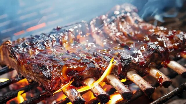 Rack of barbecue spare ribs grilling over an open flame, coated in delicious barbecue sauce. The ribs are sizzling over the flames