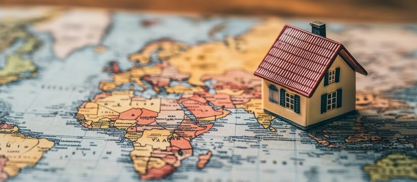 Miniature house model on a world map, representing real estate, global travel, or home ownership.