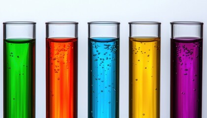 A series of five test tubes filled with vibrant colored liquids, showcasing different hues and bubbles, likely for a science experiment.