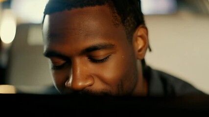 Close-up static video of a young black man with dreadlocks expressing relief in a warm, intimately lit airport terminal