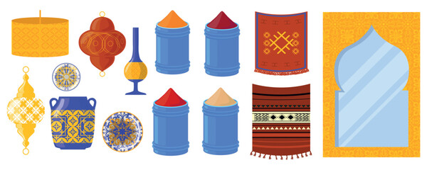 Set of beautiful Arabic culture symbols in cartoon style. Vector illustration of various elements: lanterns,vase,plates,jug,dishes with spices,carpets with patterns,arch isolated on white background.