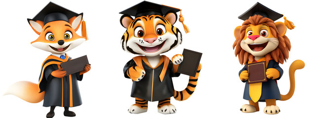 Cute Animal Graduates in Academic Attire, transparent background