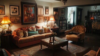 A living room featuring a mix of modern and vintage European decor, with plush sofas, a coffee table, and artistic accents.