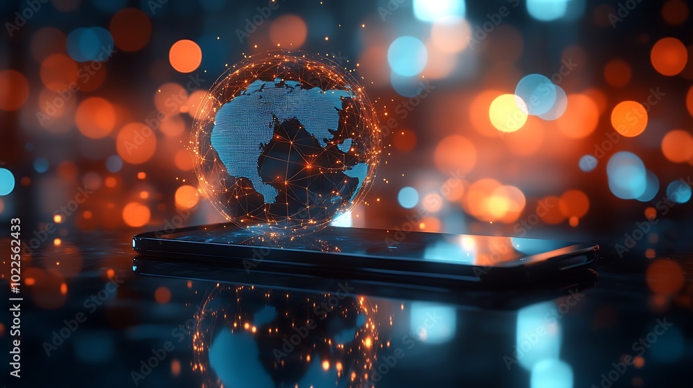 Poster digital high technology illustration of a hologram planet earth above a monitor with background of b