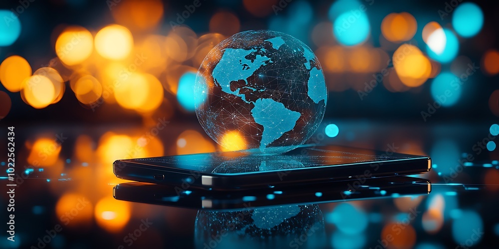 Poster digital high technology illustration of a hologram planet earth above a monitor with background of b