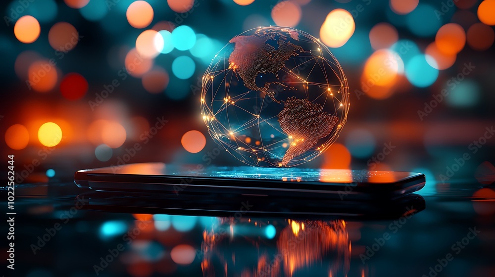 Aufkleber digital high technology illustration of a hologram planet earth above a monitor with background of b