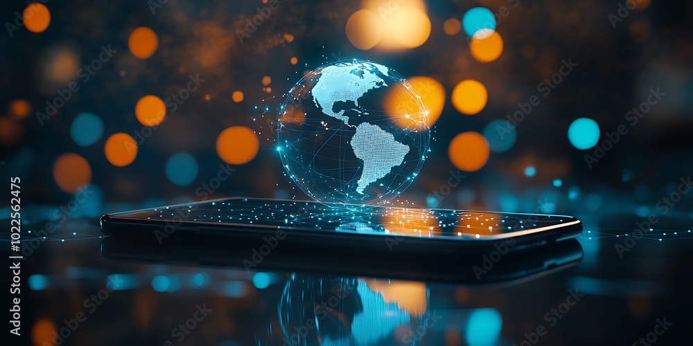 Aufkleber digital high technology illustration of a hologram planet earth above a monitor with background of b