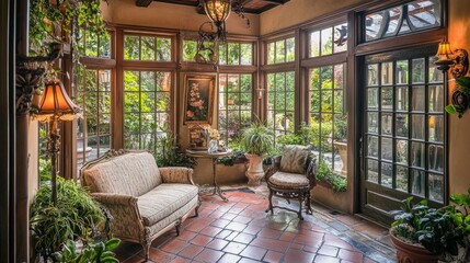 A quaint European garden room with floor-to-ceiling windows, vintage furniture, and a view of a peaceful courtyard