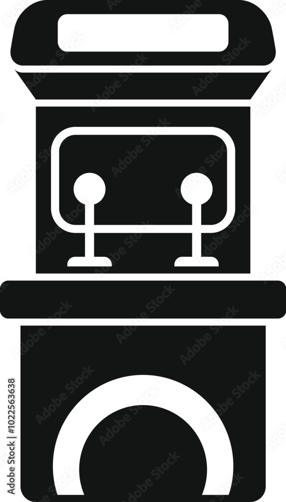 Poster black solid icon for a retro arcade game machine with two joysticks, for web design and mobile app d