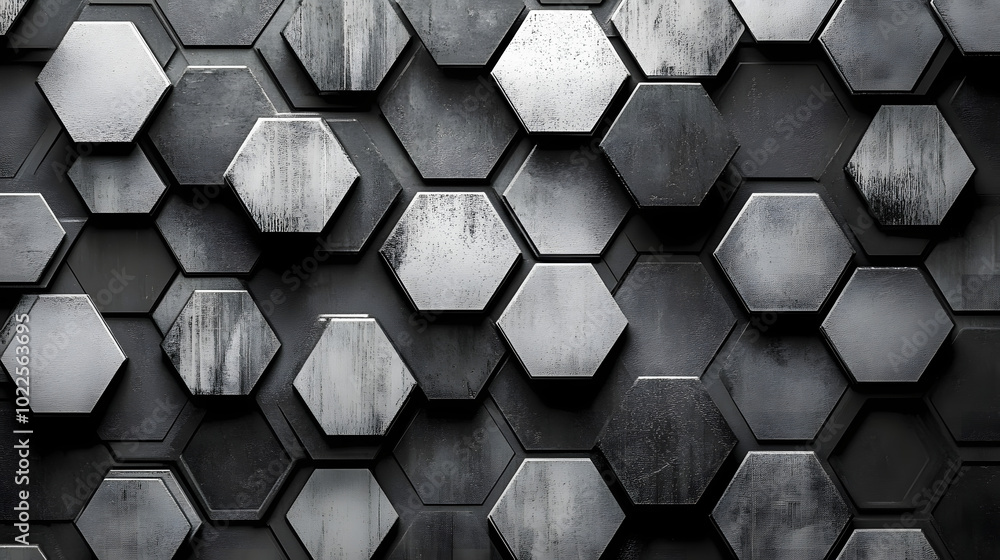 Poster black-and-white hexagonal pattern on a monochromatic background