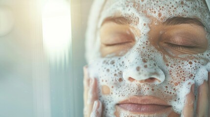 A woman enjoys a refreshing foam cleanse in a well-lit bathroom, taking care of her skin as part of her daily routine