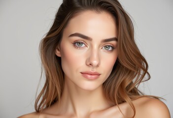 Fototapeta premium Close-up portrait of a confident young woman with natural makeup and flowing hair.