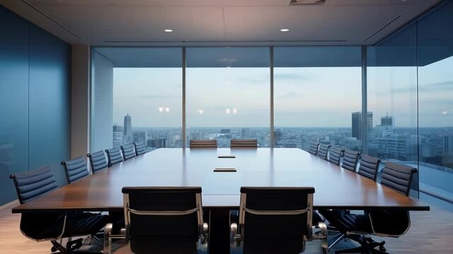Large empty boardroom sits on a high floor overlooking a city skyline at dusk. The sun has already set and the city lights are starting to turn on