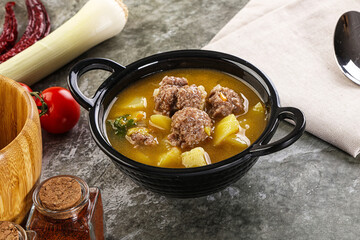 Soup with beef meatball and vegetables
