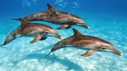 Fototapeta premium Graceful Pod of Dolphins Swimming in Formation in Clear Ocean Waters