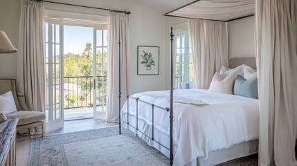 Luxurious bedroom with French doors opening to a balcony, featuring a canopy bed, delicate linens, and soft pastel color tones.
