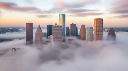 Fototapeta premium Ethereal Cityscape: Morning Fog Blanketing Skyscrapers with Golden Light