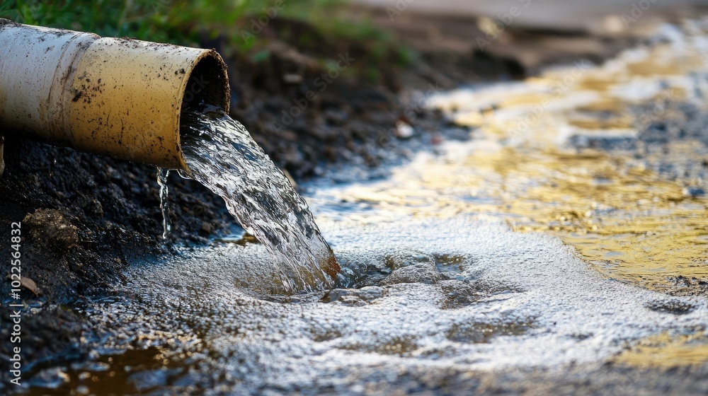 Poster a vivid close-up of water flowing from a pipe in the ground, with a soft-focus background offering a