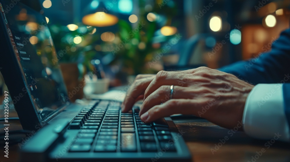 Poster a business professional typing on a keyboard in a busy office setting