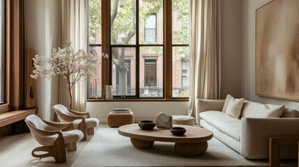 Scandinavian-inspired sitting room with minimalist furniture, neutral colors, and natural light streaming through large windows.