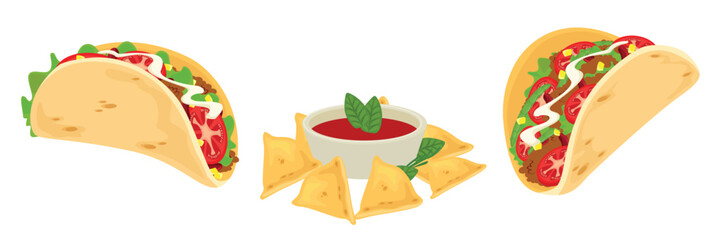 Set of delicious Mexican dishes, tortillas and nachos in cartoon style. Vector illustration of tasty tacos with fillings:lettuce, meat, tomatoes, corn, chips with sauce isolated on a white background.