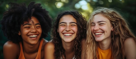 Obraz premium Three young women laughing together outdoors.