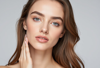 Fototapeta premium Young woman with natural beauty, touching her face against a plain background.