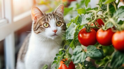 A curious cat inspects ripe tomatoes thriving on the vine inside a bright greenhouse
