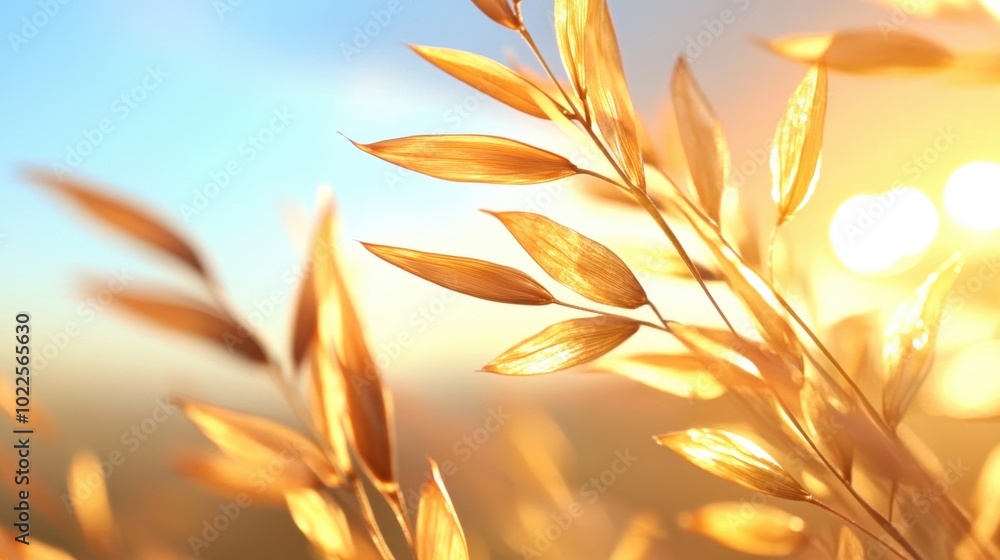 Poster golden light filters through delicate leaves, creating a warm glow in a calm natural setting as the 