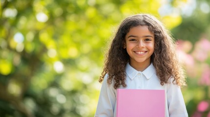 Fototapeta premium A cheerful schoolgirl stands outside, clutching a book and smiling, with sunlight filtering through lush greenery and vibrant flowers