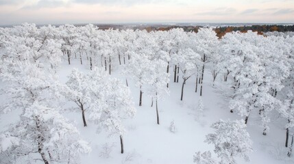 Serene Winter Scene: Aerial View of Snow-Covered Pine Forest with Crisp Cold Air