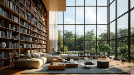Fototapeta premium Modern Home Living Room with a Large Bookshelf