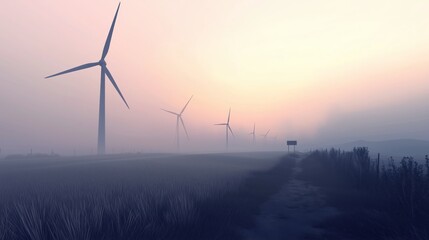 Modern Wind Turbines in Foggy Morning Light