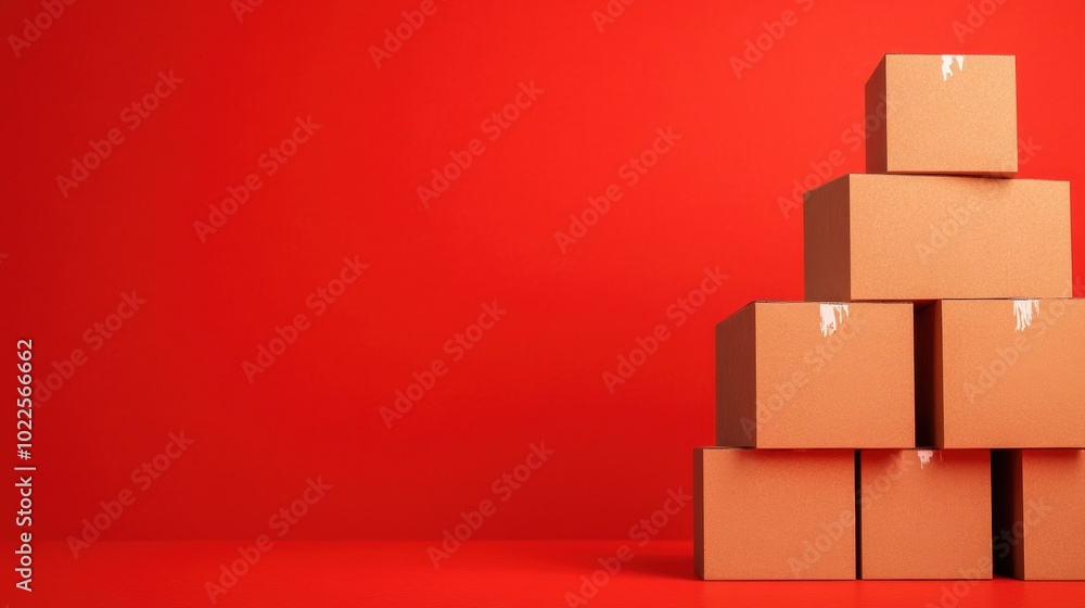 Poster empty cardboard boxes arranged in a neat stack, displaying a vibrant red background that enhances th
