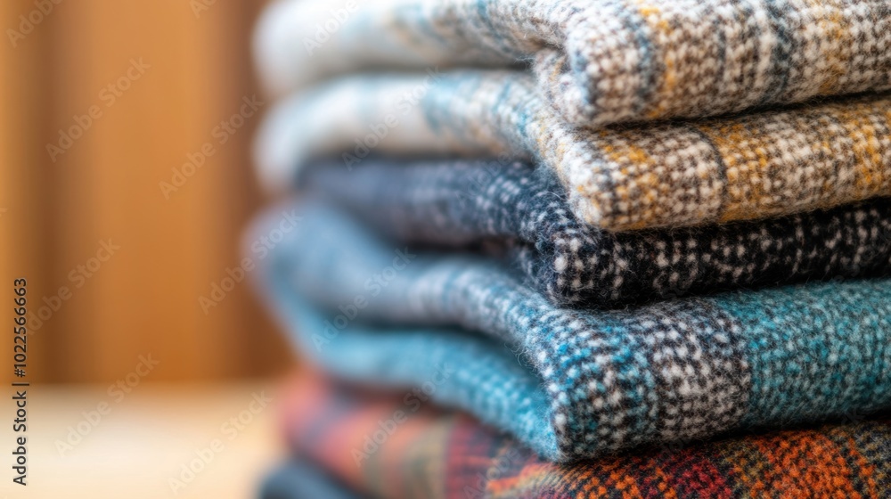 Poster a stack of neatly folded plaid blankets, showcasing various colors and patterns ideal for adding war