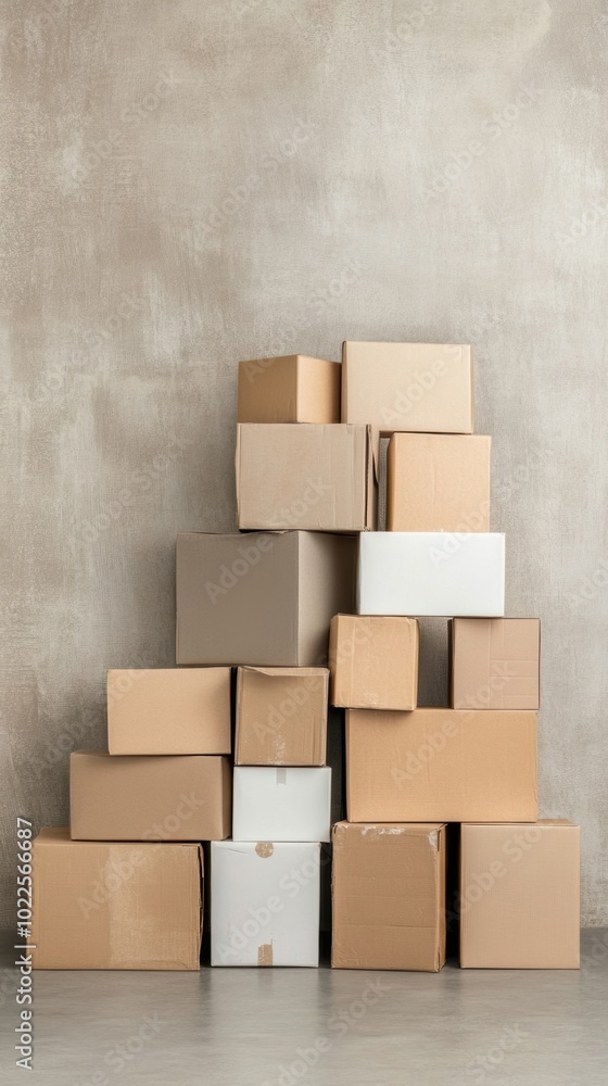 Poster a collection of stacked cardboard and white boxes arranged in an orderly manner against a gray backd