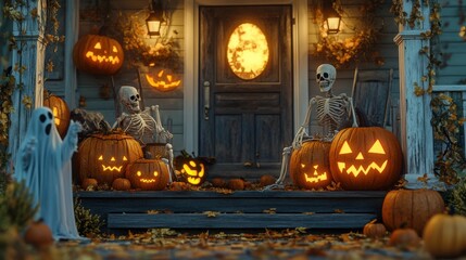 Obraz premium A porch decorated with pumpkins, skeletons, and ghosts for Halloween night.