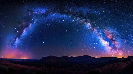 Fototapeta premium The Milky Way galaxy shines brightly over a vast desert, filled with stars and cosmic colors, showcasing the wonders of the universe
