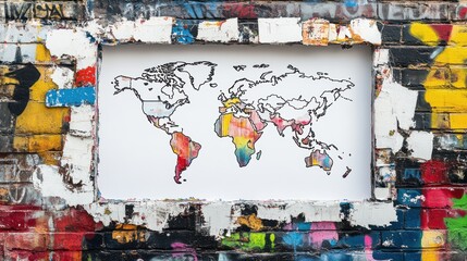 A colorful world map illustration framed by a graffiti-covered wall.