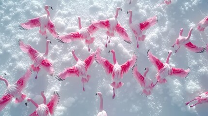 Graceful Flamingos in Flight: Aerial View of Pink Birds Soaring Above White Salt Flat with Reflective Feathers Glinting in Sunlight