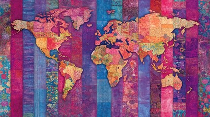 A colorful world map design with vibrant patterns on a striped background.