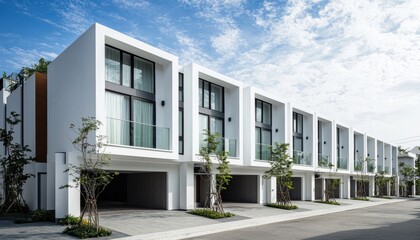 Modern residential buildings with sleek design and balconies, showcasing contemporary architecture in a suburban setting.