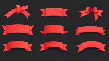 Red ribbon banners for website design, ideal for promotional tags, bookmarks, and decorative elements, featuring a flat style perfect for highlighting sales and offers.