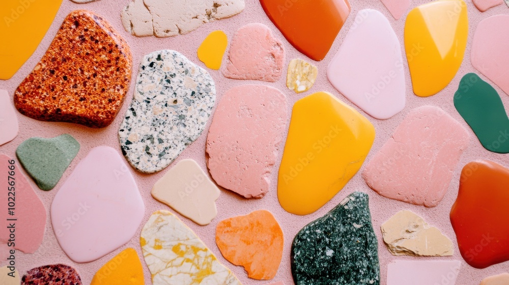 Poster the terrazzo stone texture features a variety of colorful chips in shapes and sizes, creating an eye
